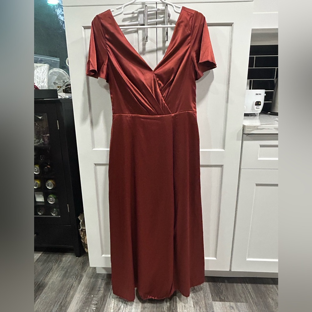 Elegant Red V-Neck Dress - Bridesmaid dress - Rust color / Burnt orange